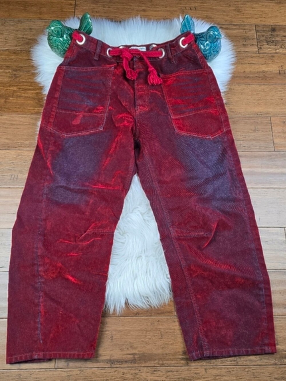 Free People We The Free RARE  Red flocked Moxie Barrel Jeans Size 30